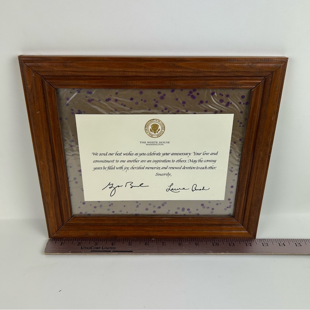 President GEORGE BUSH & First Lady LAURA BUSH Signed Anniversary Card, in Frame